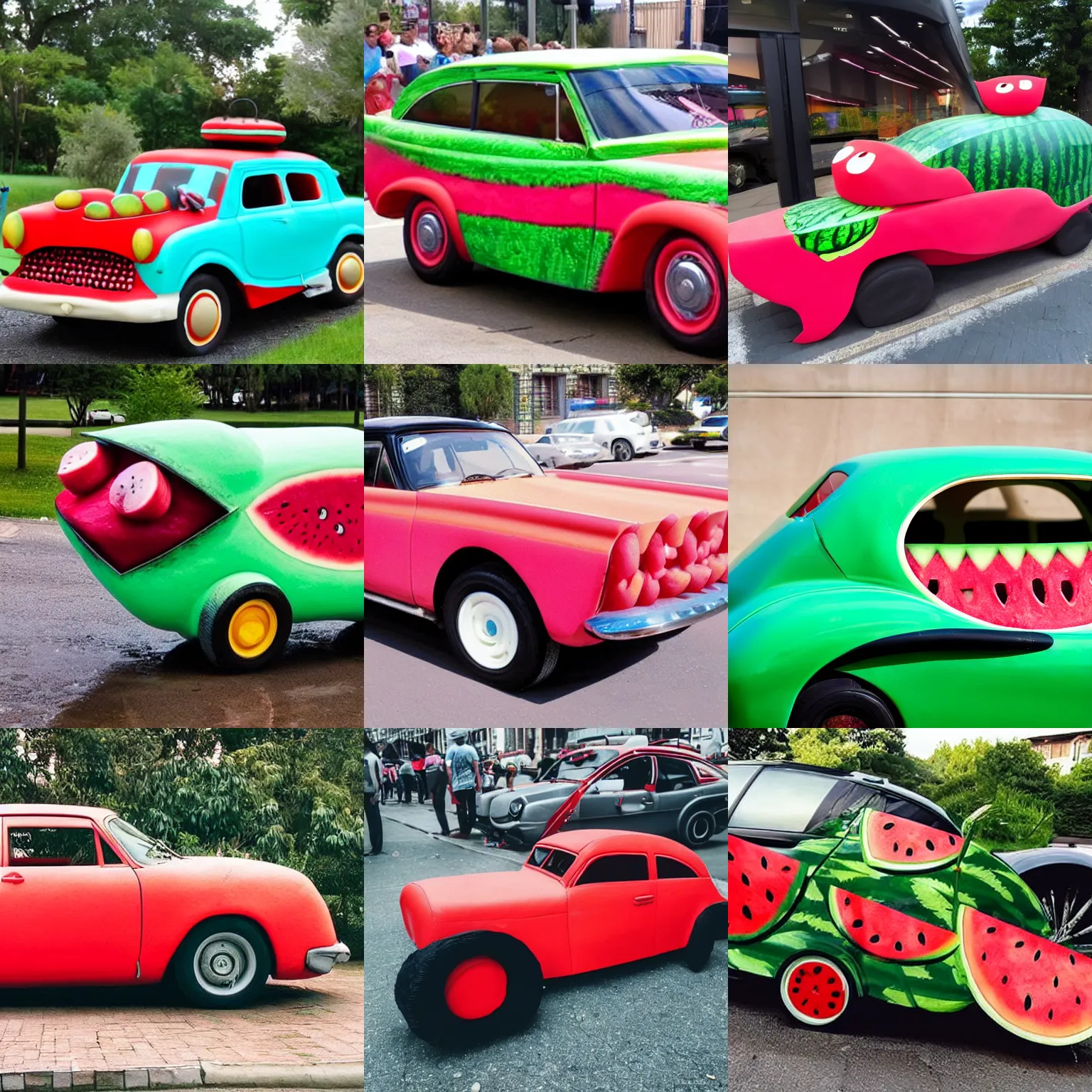 Prompt: a car made of watermelon