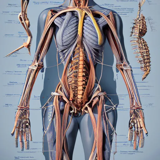 Image similar to a concept of a detailed and intricate design of a full body of human anatomy, 3 d design, great finesse organic hyper detailed, engineering blueprints, technical drawings, calculus, stained paper, hyperrealistic, ultra detailed, 4 k, octane render, unreal engine