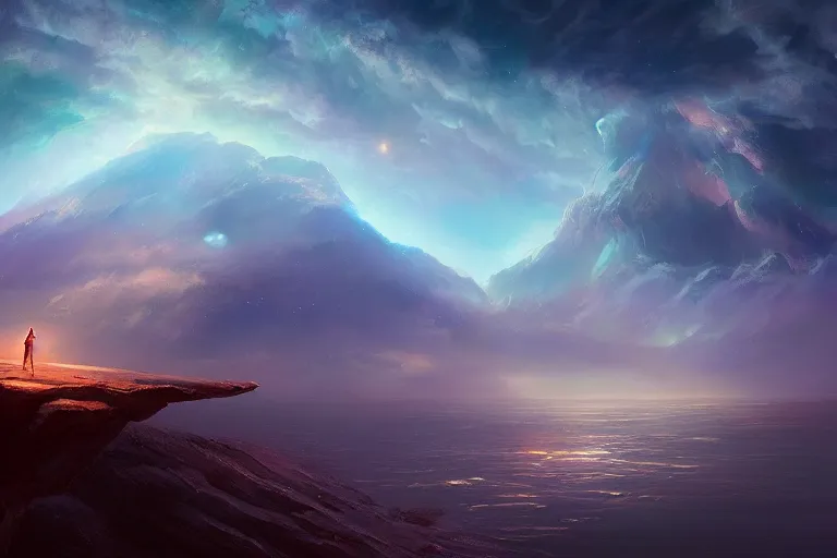 Image similar to the sky is an upside down deep ocean, the stars are fish in the ocean, the night sky is a sea, fantasy painting by jessica rossier