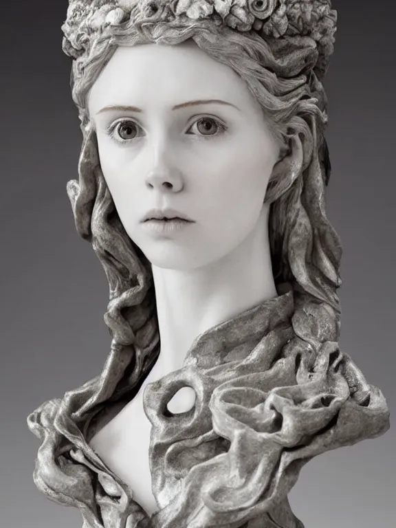 Prompt: a dramatically lit art nouveau white marble and silver portrait sculpture of a very young karen gillan as joan of arc, delicate, intricate, smooth, beautiful, glowing, by charles van der stappen