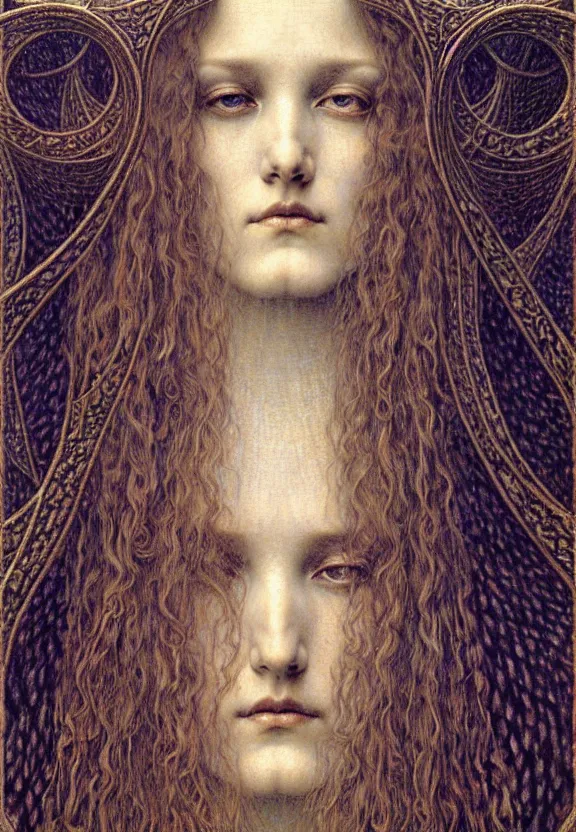 Image similar to detailed realistic beautiful young medieval queen face portrait by jean delville, gustave dore and marco mazzoni, art nouveau, symbolist, visionary, gothic, pre - raphaelite. horizontal symmetry