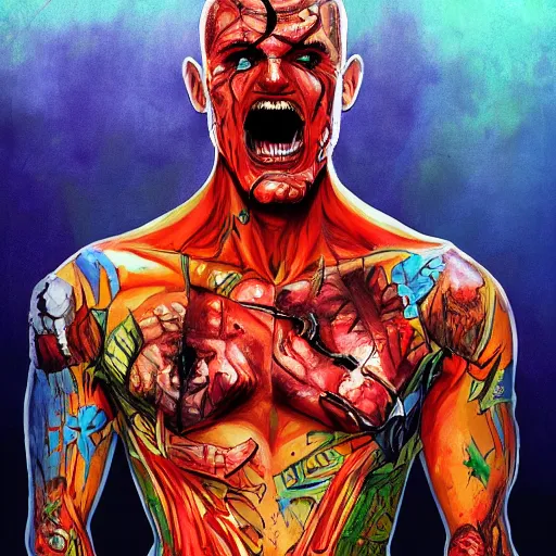 Image similar to Bright, colorful, realistic super hero Serial killer dating sim single individual full body and head shot gore covered with scars and tattoos screaming, backlighting, kodachrome, high contrast, highly detailed, sharp focus, digital painting, concept art, illustration, trending on artstation, comic book by Alex Ross cover art