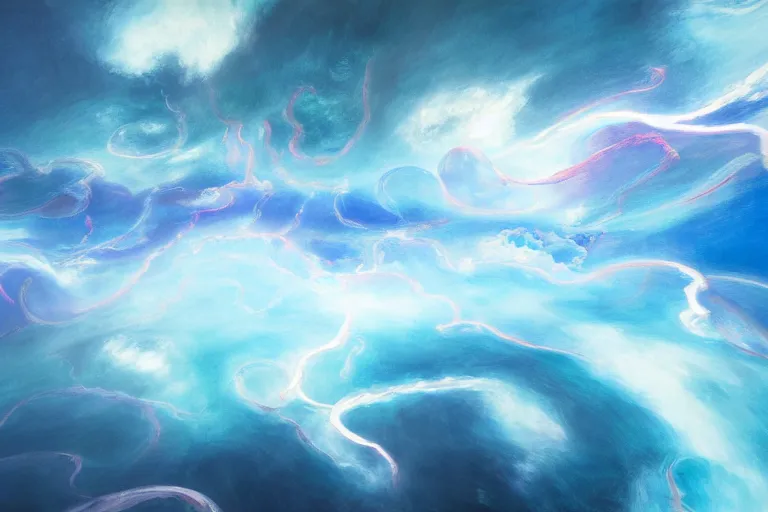 Prompt: a flock of many round puffy white transparent clouds swirling into large twisting blobs of colored glass, abstract environment, lightning, award winning art, epic dreamlike fantasy landscape, ultra realistic,
