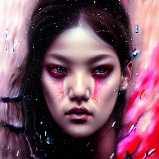 Image similar to rose of blackpink, hyperrealistic portrait, bladerunner street, by karol bak and agnes cecile, fantasy art, photo realistic, dynamic lighting, artstation, poster, volumetric lighting, very detailed face, intricate complexity, 8 k, award winning