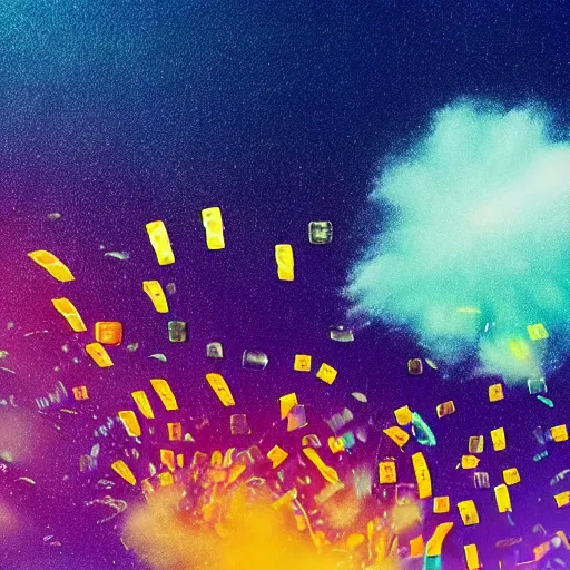 Image similar to credit cards fly through the air at a centered explosion of colorful powder on background by maxvanzwerg
