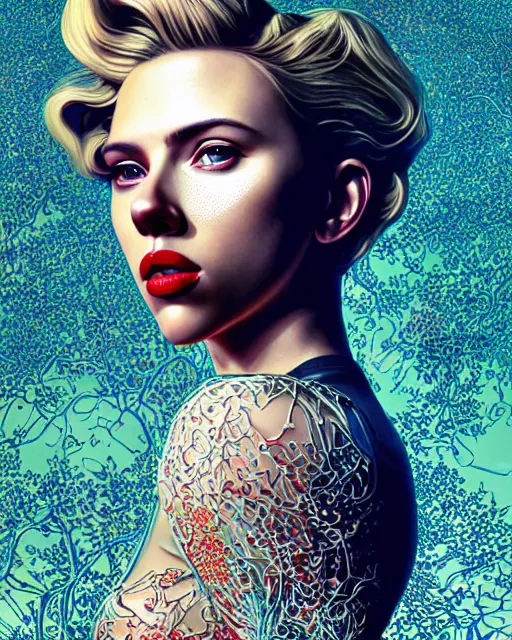 Image similar to highly detailed vfx portrait of scarlett johansson, red lipstick, global illumination, detailed and intricate environment by james jean and victo ngai and tristan eaton