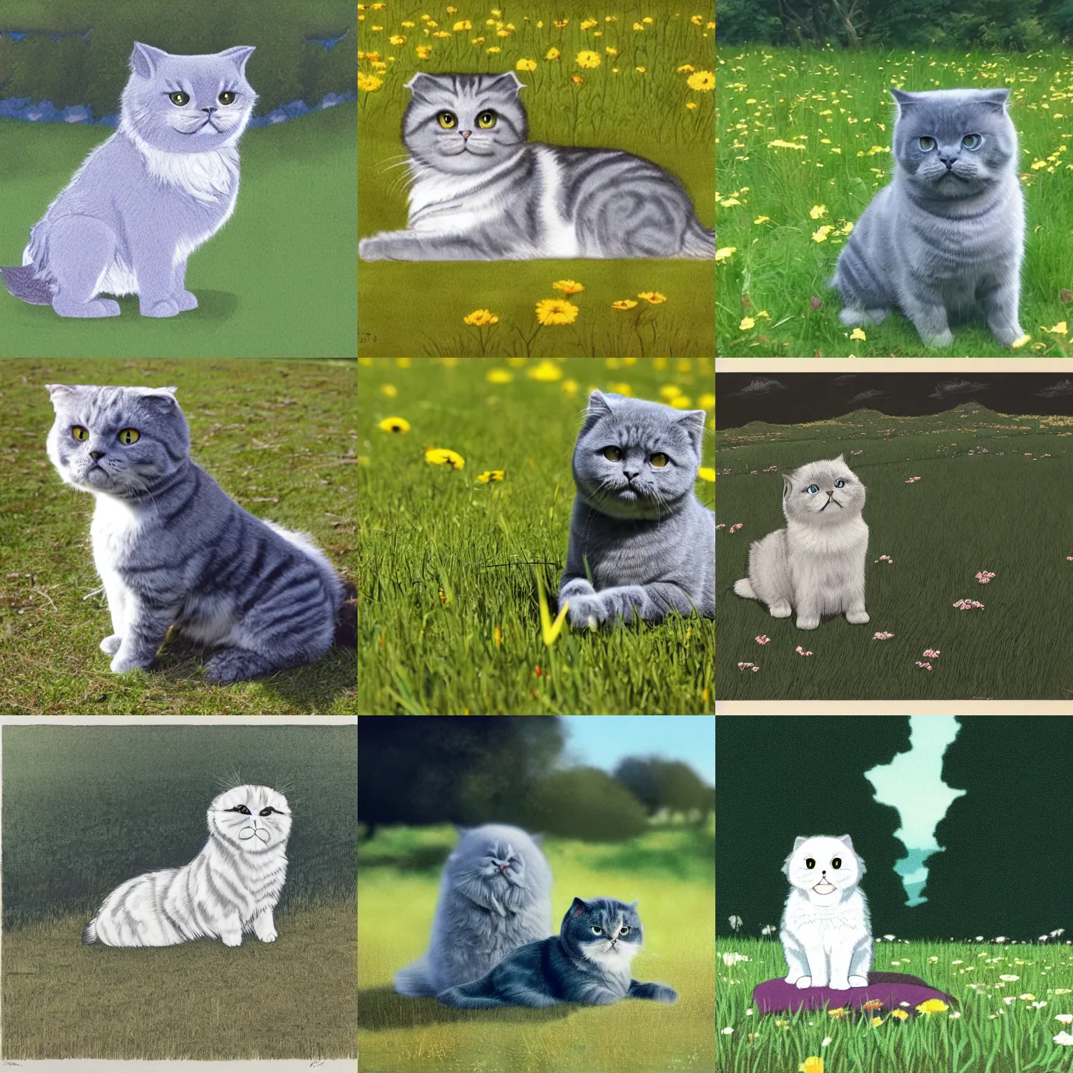 Prompt: a gray scottish fold sitting in the middle of sunny meadow, by satoshi kon