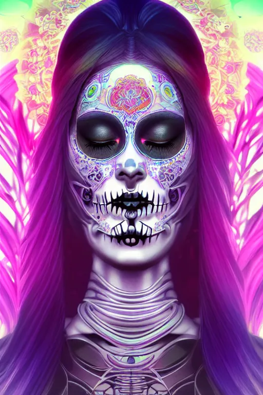 Image similar to ultra detailed female android deity, eyes closed, 8 k, flowerpunk, psychedelic vector art!!!, digital painting, sci - fi, fantasy, ( dia de los muertos ), asymmetrical,!! concept art, art by artgerm and giger and michael welan and alphonse mucha and loish and wlop