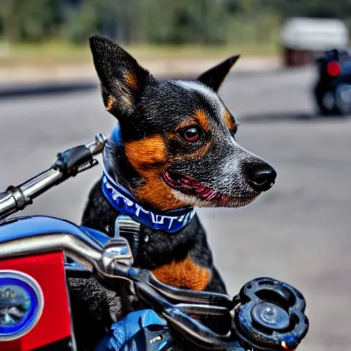 Image similar to blue heeler dog on a motorcycle, 8 k photography, blurred background of a wafflehouse