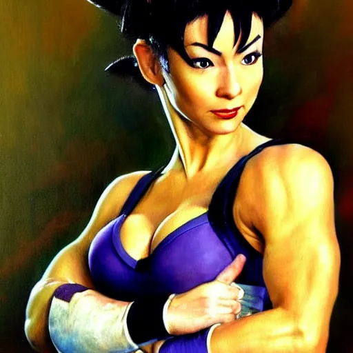 Image similar to ultra realistic janice litman - goralnik as chun li from street fighter, portrait painting by frank frazetta, 4 k, ultra realistic, highly detailed,