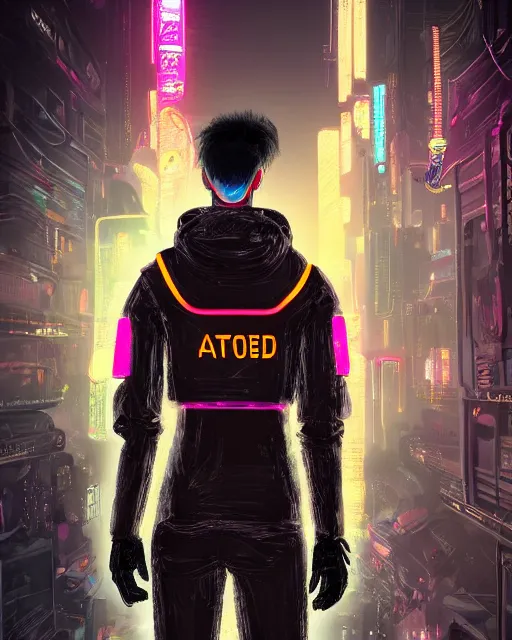 Image similar to detailed portrait neon guard man with short brown hair seen from the back, cyberpunk futuristic, reflective puffer jacket, black leggings, decorated with traditional ornaments in front of a dystopian crowd with piles of garbage perfect face, fine details, realistic shaded, fine - face, pretty face by rossdraws