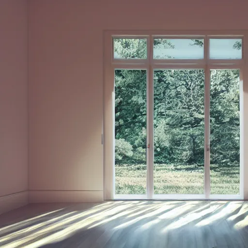 Image similar to person in pyjamas standing near window, sun rays, daylight, big french door window, big spatious room, 2 4 mm, walls left and right, window at the center, wooden floor, modern, pastel palette, winter sun, photorealistic, high ceiling