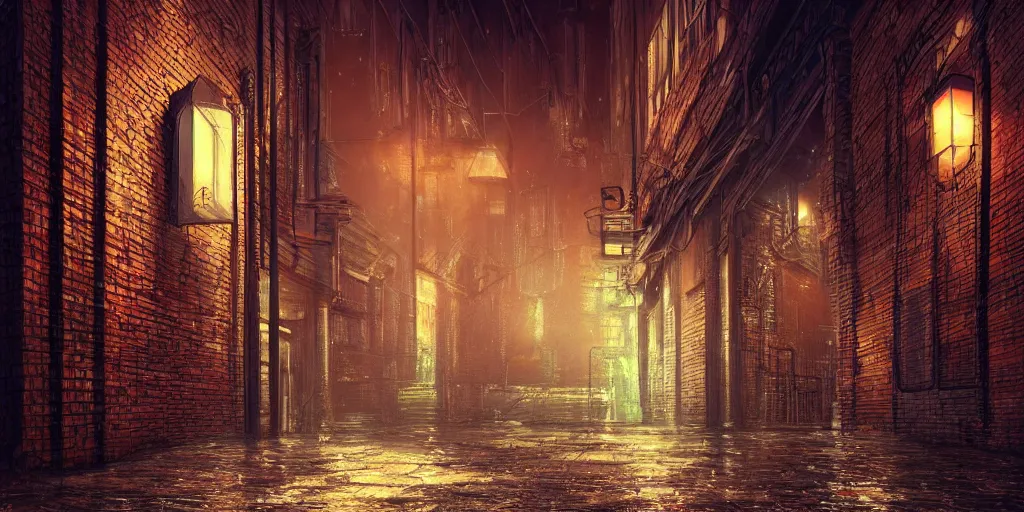 Prompt: ultra realist and ultra intricate detailed soft painting of an alleyway corner at night, reflective city nights, neon glow, city background, brick wall, artstation, unreal render, depth of field