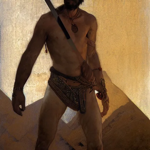 Image similar to a scrappy bronze age thief man, ancient mesopotamia, hiding, opportunistic expression, sword and sandal character portrait by nasreddine dinet ilya kuvshinov, craig mullins, edgar maxence, alphonse mucha