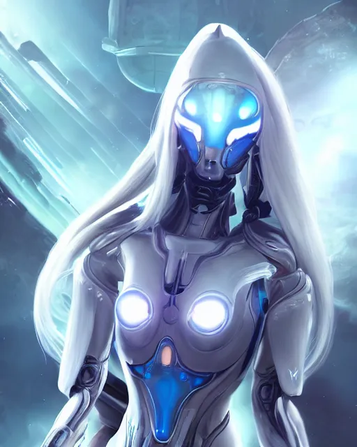 Image similar to perfect android girl on a mothership, warframe armor, beautiful face, scifi, futuristic, galaxy, nebula, raytracing, dreamy, long white hair, blue cyborg eyes, sharp focus, cinematic lighting, highly detailed, artstation, divine, by gauthier leblanc, kazuya takahashi, huifeng huang