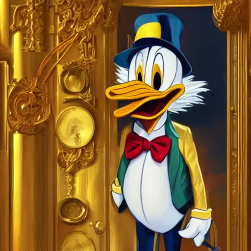 Image similar to Donald Duck meets Scrooge McDuck inside a room filled with gold pieces. Donald Duck wears a sailor suit and Scrooge McDuck wears a redingote and a top hat. Elegant, intricate, digital painting, artstation, concept art, smooth, sharp focus, illustration, art by artgerm and greg rutkowski and alphonse mucha