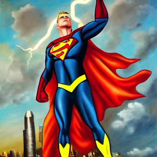 Prompt: a lightning superhero, flying in the middle of a city, full body, ultra high definition, in a oil painting style