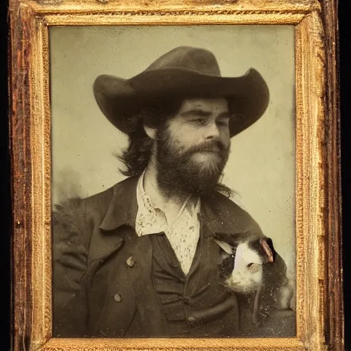 Image similar to close - up portrait of a cowboy holding a cat, 1 8 0 0 s