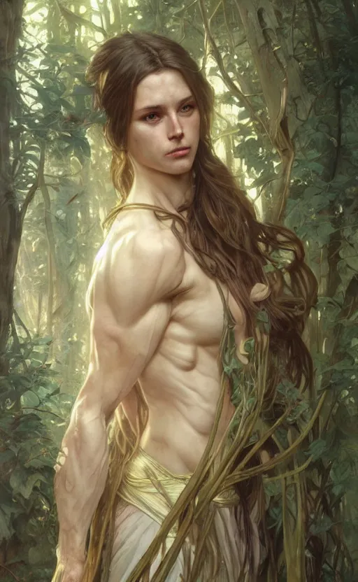 Image similar to God of the forest, pale hair, long hair, gorgeous, amazing, muscular, intricate, highly detailed, digital painting, artstation, concept art, sharp focus, illustration, art by greg rutkowski and alphonse mucha