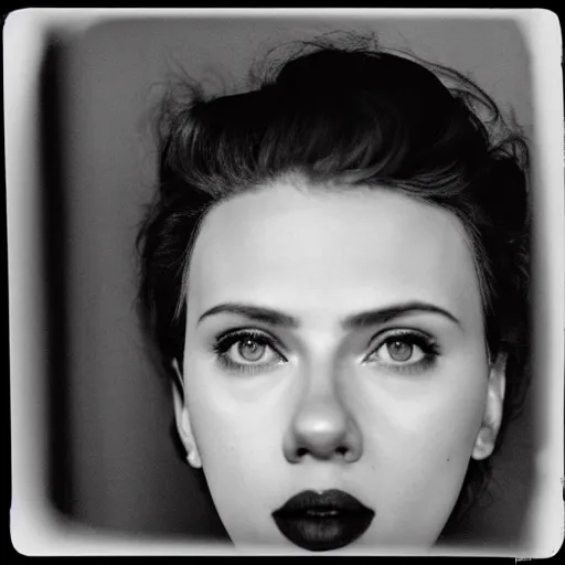 Prompt: photo of Scarlett Johansson by Diane Arbus, black and white, high contrast, Rolleiflex, 55mm f/4 lens