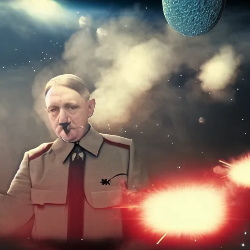 Image similar to octane render, 4 k, realistic lighting, adolf hitler smoking a cigarette in outer space