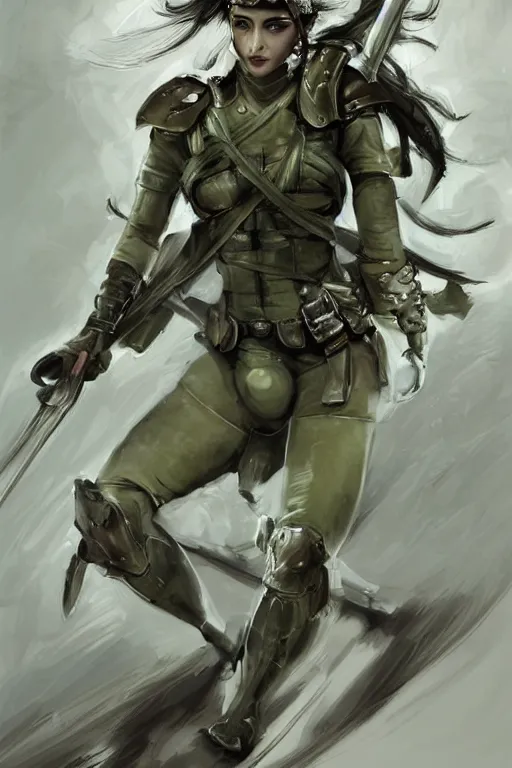 Image similar to a professional portrait of a young female warrior, clothed in military-style battle armor, olive skin, long dark hair, beautiful bone structure, symmetrical facial features, green eyes, intricate, elegant and graceful, digital painting, concept art, smooth, sharp focus, illustration, finely detailed, from Metal Gear by Ruan Jia and Mandy Jurgens and Artgerm and William-Adolphe Bouguerea, award winning art, trending on Artstation