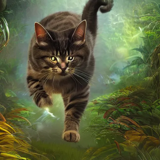 Prompt: fantasy book cover artwork of a cat running through the jungle, ultradetailed, wallpaper, 4k, prismatic