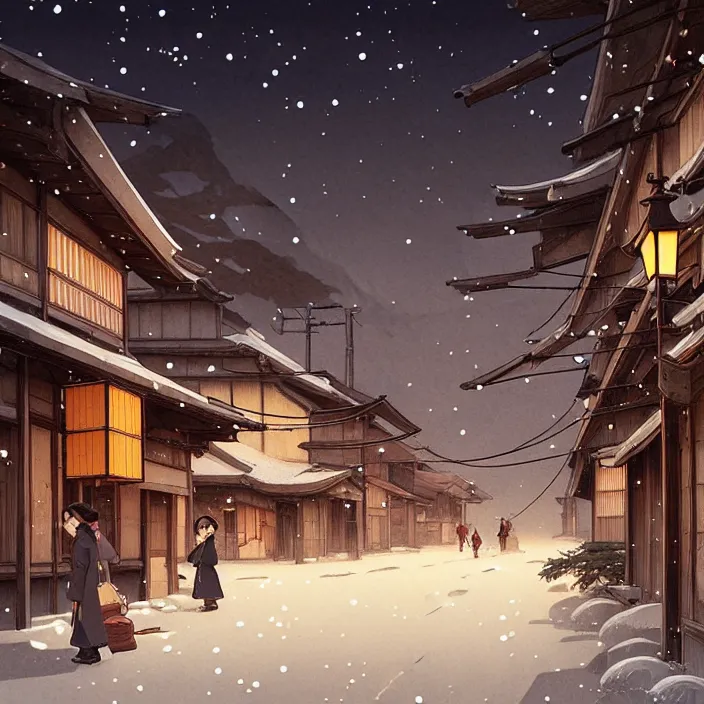 Image similar to empty rural japanese town at night, winter, in the style of studio ghibli, j. c. leyendecker, greg rutkowski, artem