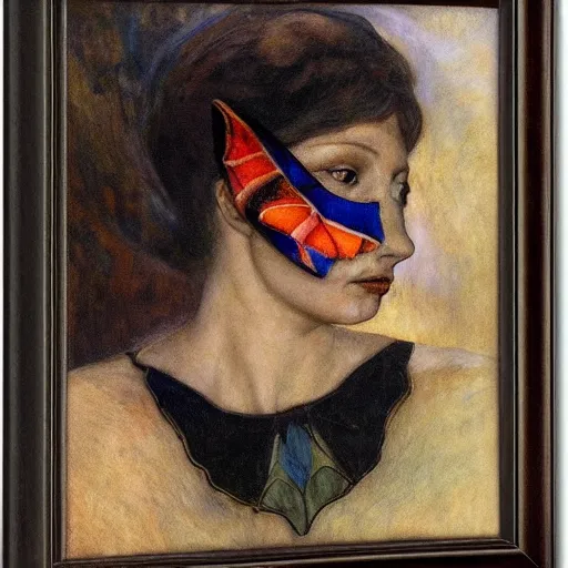 Image similar to the queen in her moth mask, by Annie Swynnerton and Diego Rivera, in profile, symbolist, dramatic lighting, elaborate geometric ornament, Art Brut ,god rays, soft cool colors,smooth, sharp focus, extremely detailed, Adolf Wölfli