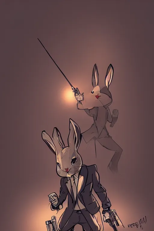 Image similar to rabbit as a hitman, dynamic lighting, fantasy concept art, trending on art station, stunning visuals, creative, cinematic, ultra detailed, comic strip style