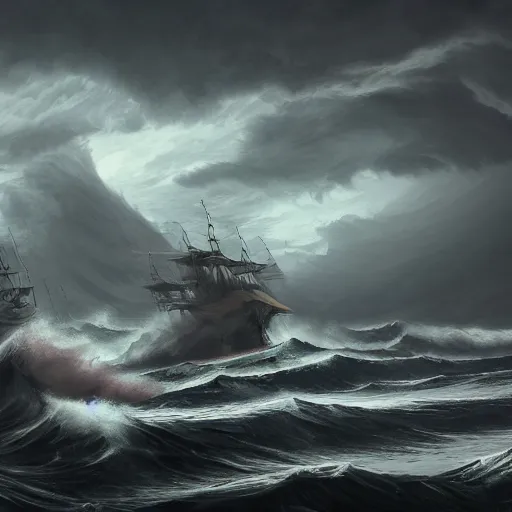 Prompt: A large ship sailing through stormy seas, with waves crashing against its sides, illustration, epic, fantasy, hyper detailed, smooth, unreal engine, sharp focus, trending on artstation