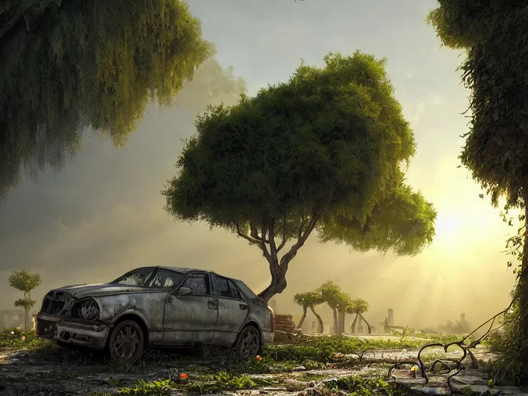 Prompt: a tree growing on a scrap car in ancient greek ruins, gray wasteland, many overgrown scrap cars, overgrown pillars and arches, vines, flowers, hyperrealistic, highly detailed, cinematic, ray of golden sunlight, beautiful, cgsociety, artstation, 8 k, oil painting by greg rutkowski, by artgerm, by wlop