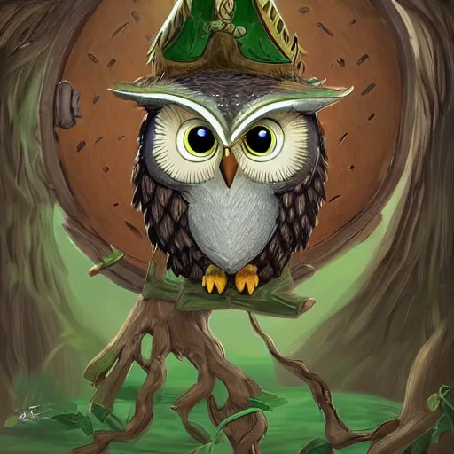 Image similar to A detailed, highly realistic anthropomorphic owl with a viking helmet, green shirt and round shield standing in front of a tree, an anthropomorphic owl with a fluffy face wearing armor in front of a tree, digital art, ArtStation, Commission