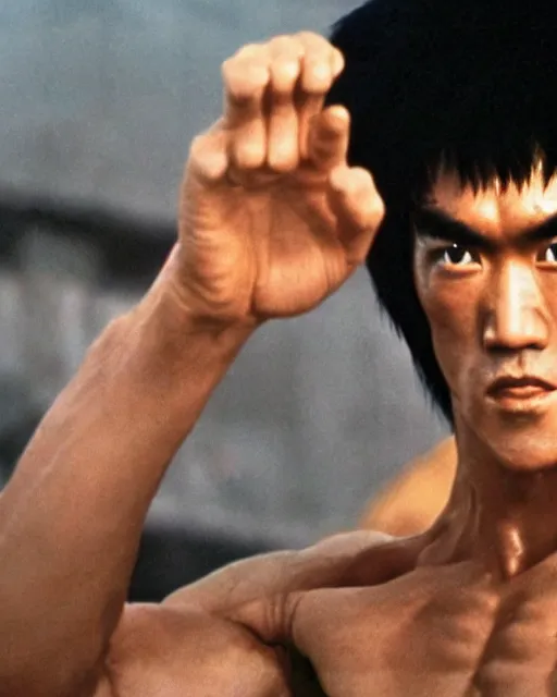 Image similar to bruce lee as kenshiro in live action fist of northstar movie, hyperreal, post apocalyptic, mutants, martial arts, cinematic