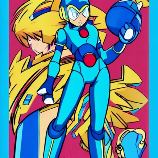 Prompt: mega man's kid sister. cyberpunk, anime, no helmet, long blue hair on her head, gold armor by john romita jr