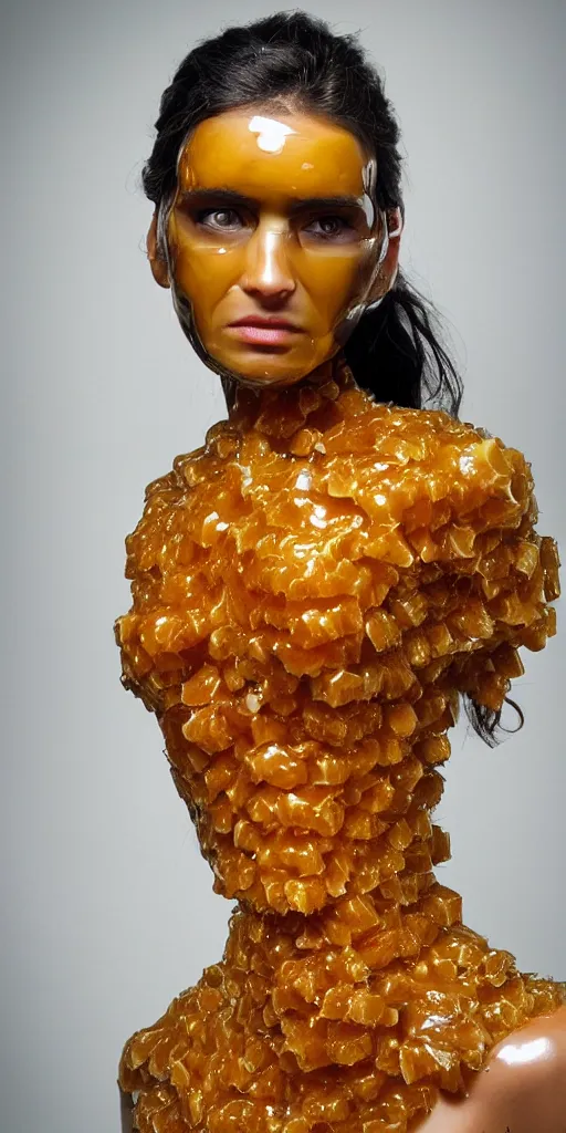 Prompt: a beautiful cyborg made of honey