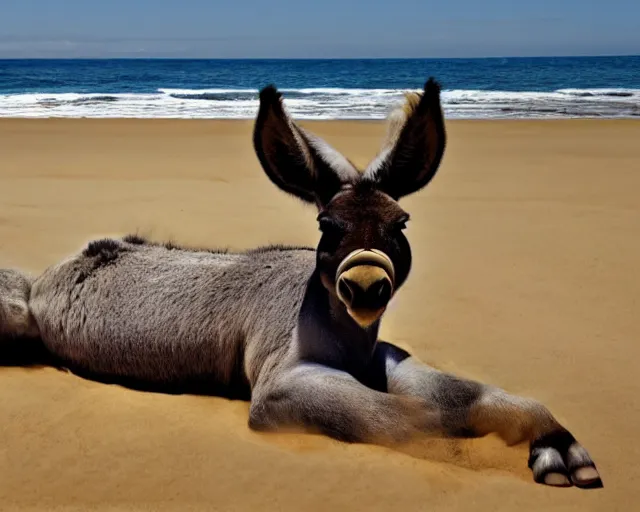 Image similar to realistic photo of a donkey wearing a suit sunbathing on a sunbed at the beach