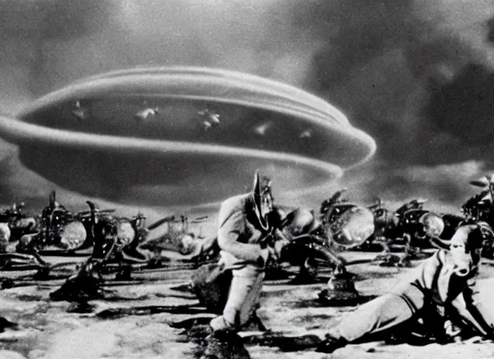 Prompt: scene from a 1930 science fiction film about an alien invasion