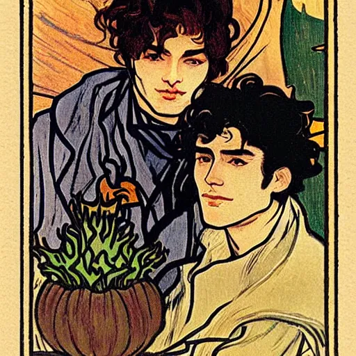 Image similar to tarot card of young cute handsome beautiful dark medium wavy hair man in his 2 0 s named shadow taehyung and cute handsome beautiful min - jun together at the halloween party, bubbling cauldron, candles, smoke, autumn colors, elegant, stylized, soft facial features, delicate facial features, art by alphonse mucha, vincent van gogh, egon schiele