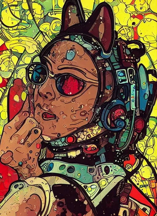 Image similar to cyberpunk cat cyborg portrait illustration, pop art, splash painting, art by geof darrow, ashley wood, alphonse mucha, makoto shinkai