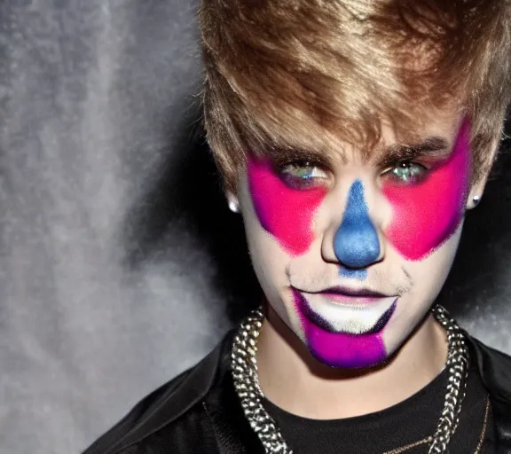 Image similar to color still shot of justin bieber lead singer performing in music group insane clown posse, face closeup, detailed