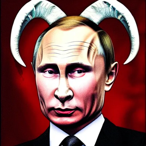 Image similar to portrait of vladimir putin in the image of the devil, with detailed goat horns, red skin and a frightened face his legs are like those of a goat