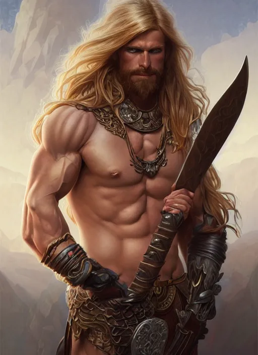 Image similar to symmetry! portrait of barbarian, long blond hair, d & d, muscular! fantasy, intricate, elegant, highly detailed, digital painting, artstation, concept art, smooth, sharp focus, illustration, art by artgerm and greg rutkowski and alphonse mucha