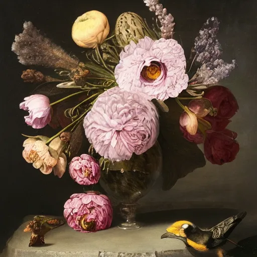 Image similar to still - life of bouquet of lilac and ranunculus with honeycomb bees and birds feathers, rachel ruysch, dark, moody