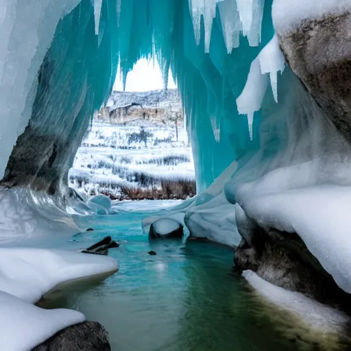 Image similar to ice cave with low ceiling and narrow rough river running through it, surreal, icicles,