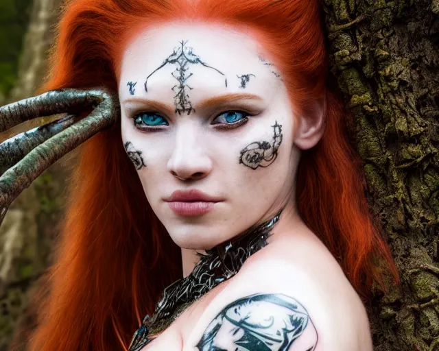 Image similar to 5 5 mm portrait photo of an armored gorgeous anesthetic redhead woman warrior with a face tattoo and sheep horns growing from her head, in a magical forest in the style of stefan kostic, art by luis royo. highly detailed 8 k. intricate. lifelike. soft light. nikon d 8 5 0. cinematic post - processing