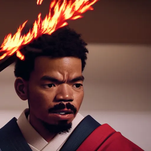 Image similar to cinematic film still of Chance The Rapper starring as a Samurai holding fire, Japanese CGI, VFX, 2022, 40mm lens, shallow depth of field, film photography