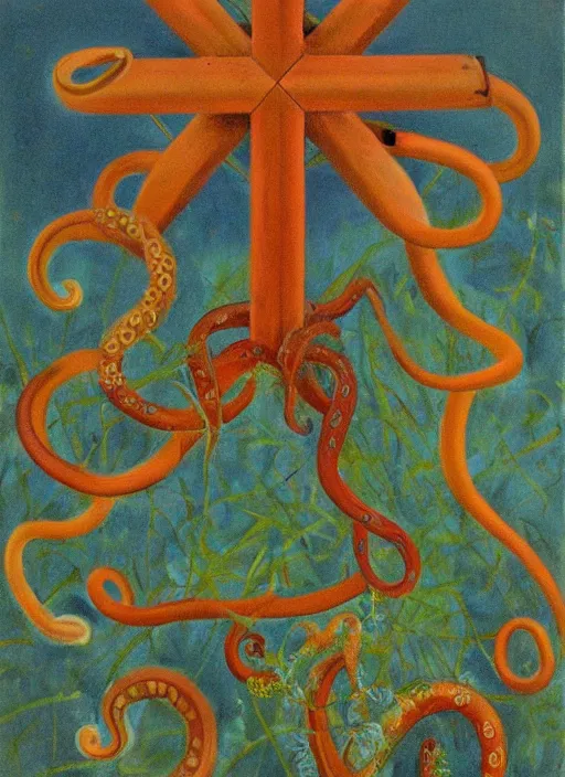 Prompt: vintage beautiful painting of a tau cross being overgrown by tentacles in Mary Cassatt style