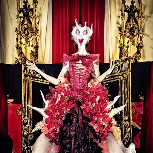 Prompt: the satanic bride looking very sophisticated and hypermaximalist at her baroque wedding reception banquets as she feasts among the many archdemons