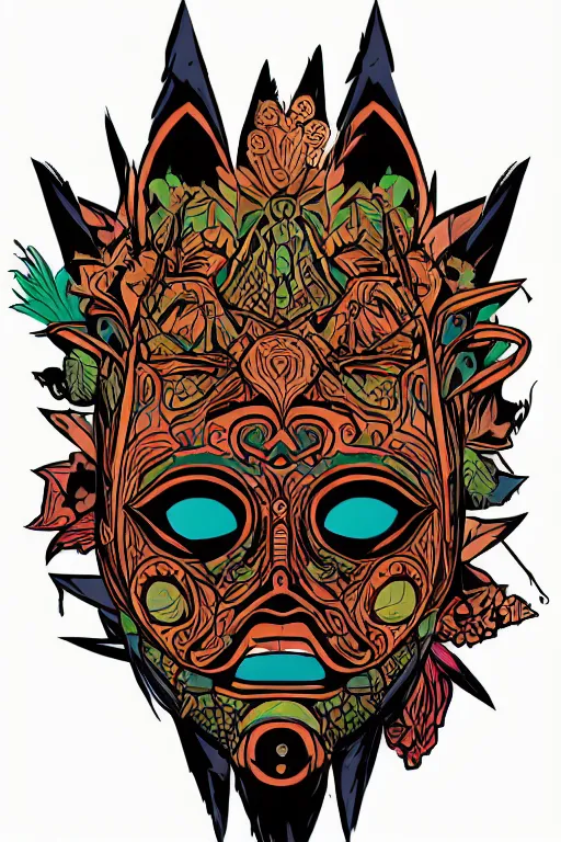 Image similar to animal mask totem roots flower tribal feather gemstone plant wood rock shaman vodoo video game vector cutout illustration vivid multicolor borderlands comics by josan gonzales and dan mumford radiating a glowing aura